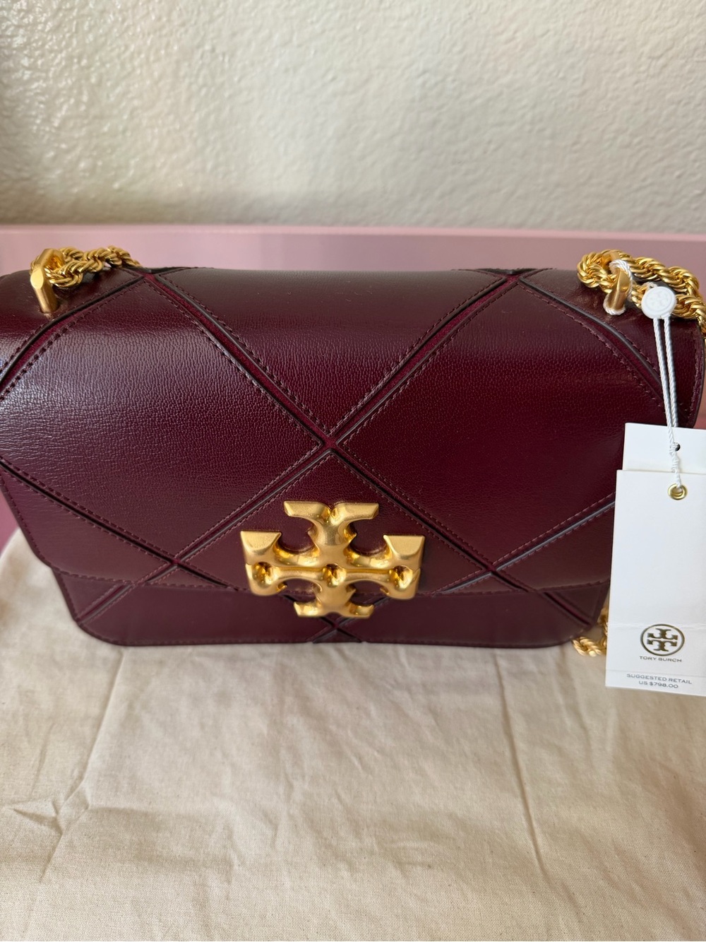 Brand New Tory Burch Eleanor Burgundy Leather Shoulder Bag - Picture 2 of 10